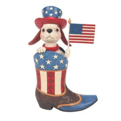 Jim Shore Heartwood Creek Boot With Dog Holding Flag Fig